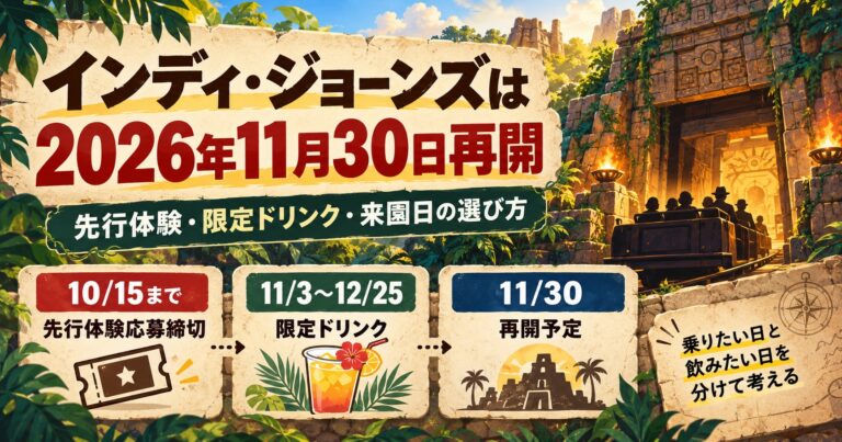 インディ・ジョーンズは2026年11月30日再開｜先行体験・限定ドリンクと来園日の選び方